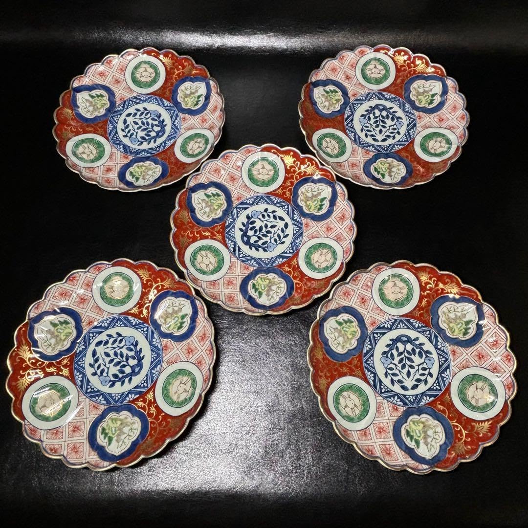 ★食器/有田焼！赤濃木甲山水 兎図 和皿揃 5枚！『林九郎』作！共箱★ ☆食器/有田焼！赤濃木甲山水 兎図 和皿揃 5枚！『林